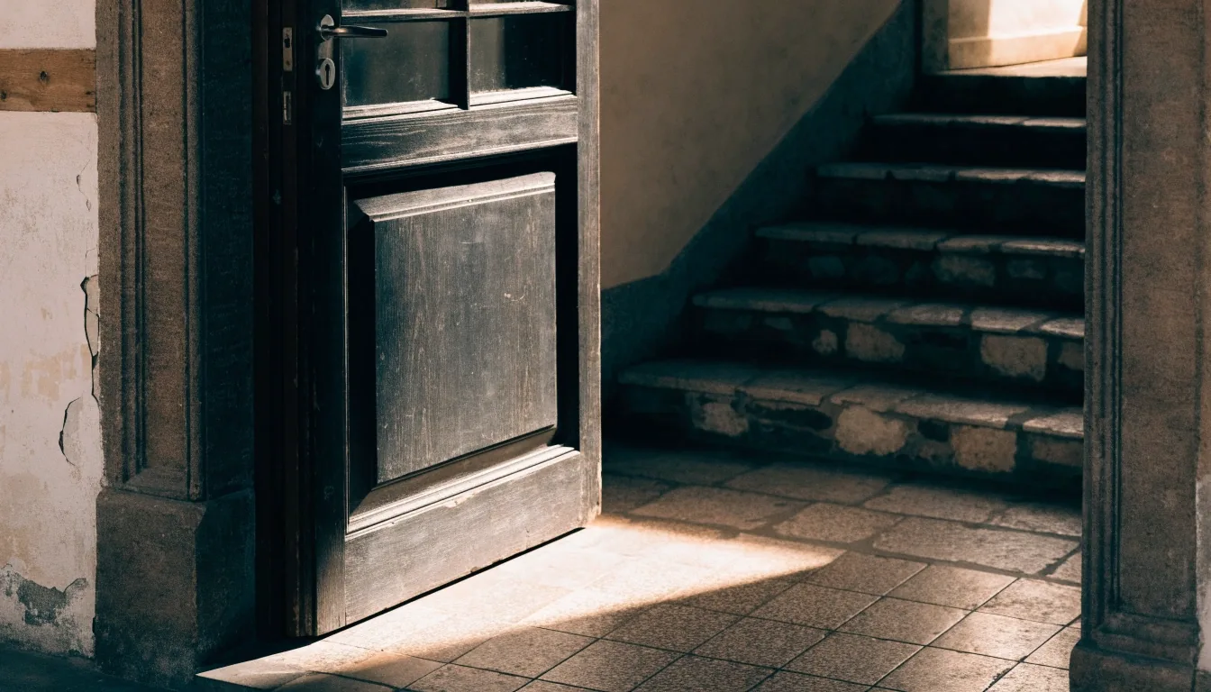 Ingresso di un palazzo nel centro di Napoli con la porta socchiusa e la luce che entra dal vano scale