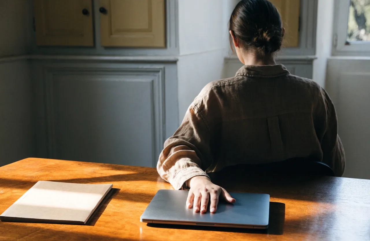 Persona di spalle al tavolo con il portatile chiuso e una cartella accanto, luce del mattino dalla finestra