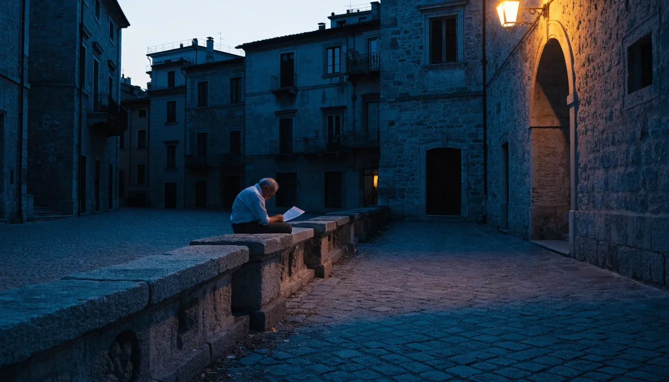 Strada urbana italiana al crepuscolo, luce calda sotto i balconi e il cielo scuro in alto