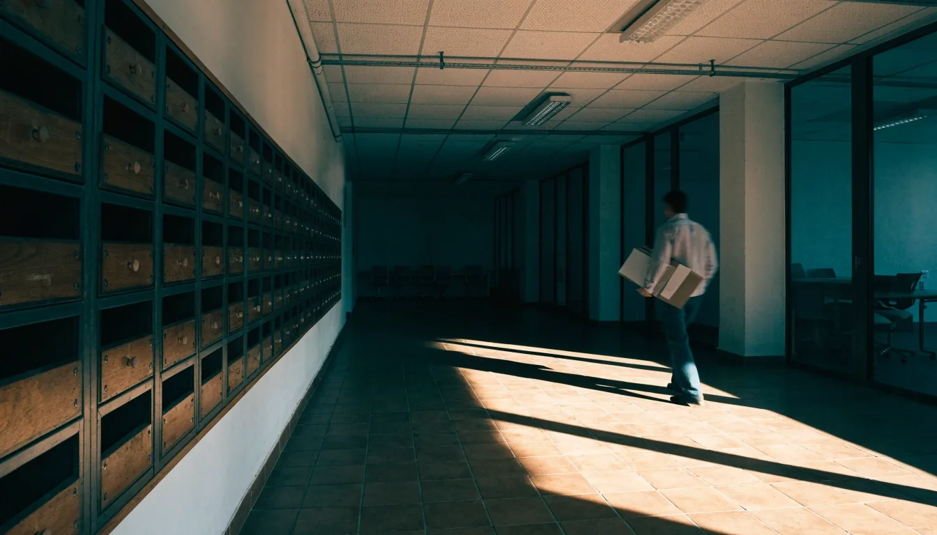 Due cartelle chiuse su un piano di marmo, luce del mattino radente