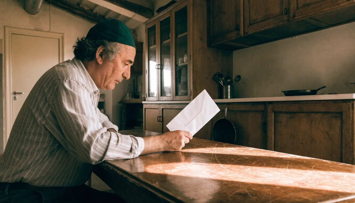 Mani di un lavoratore cinquantenne appoggiate su una busta chiusa sul tavolo di cucina