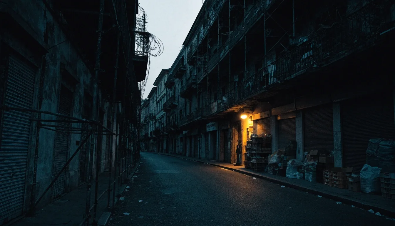 Strada commerciale di Napoli al crepuscolo, balconi e luce calda di una vetrina