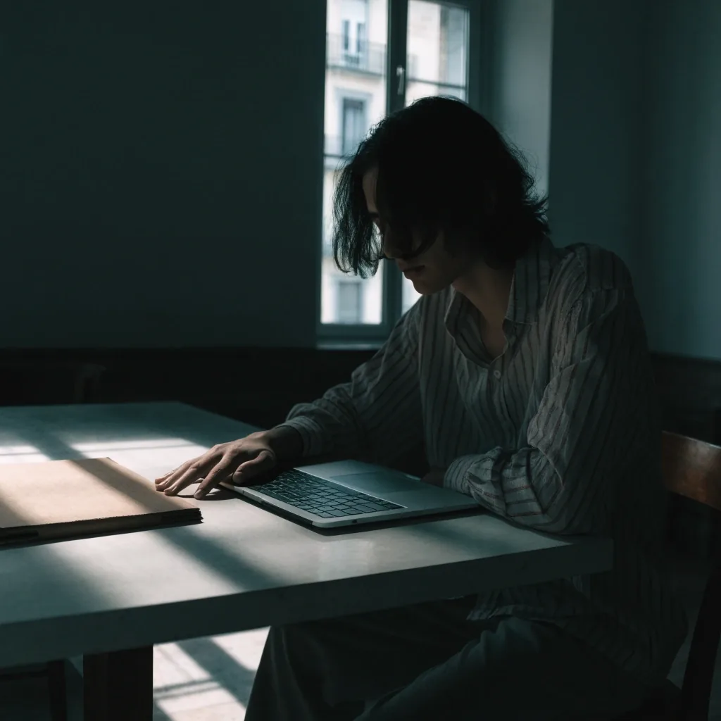 Persona al tavolo di casa con una cartella di documenti accanto a un portatile chiuso