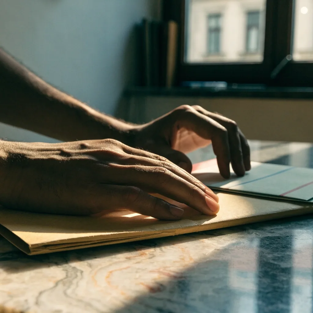 Due cartelle di documenti chiuse su un piano di marmo con luce del mattino