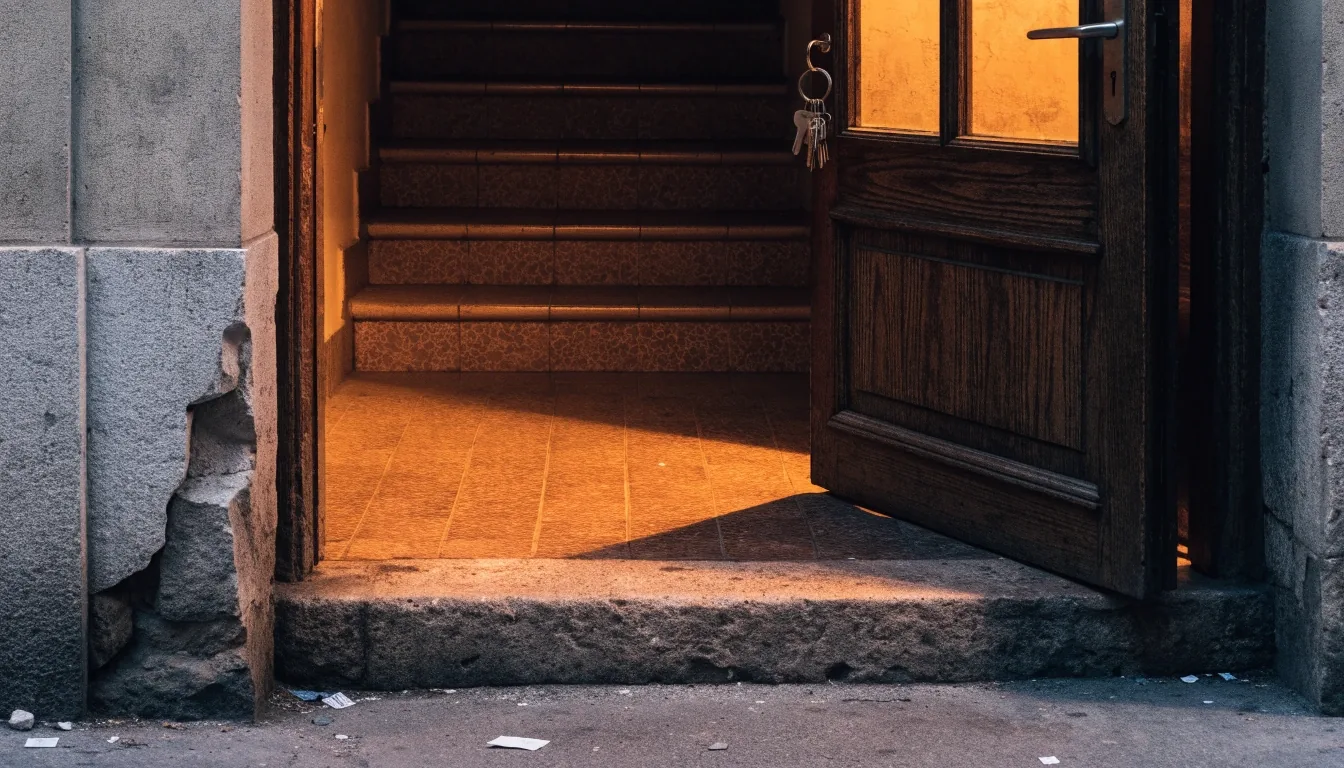 Ingresso di un palazzo di quartiere a Napoli: porta di legno socchiusa su una scala piastrellata, luce calda dall'interno, chiavi nella serratura