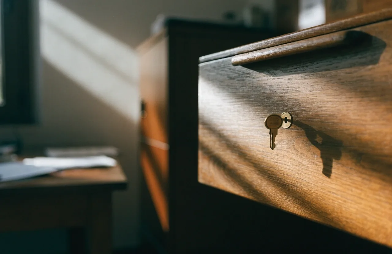 Due cartelle di documenti chiuse su un piano di marmo, luce del mattino radente