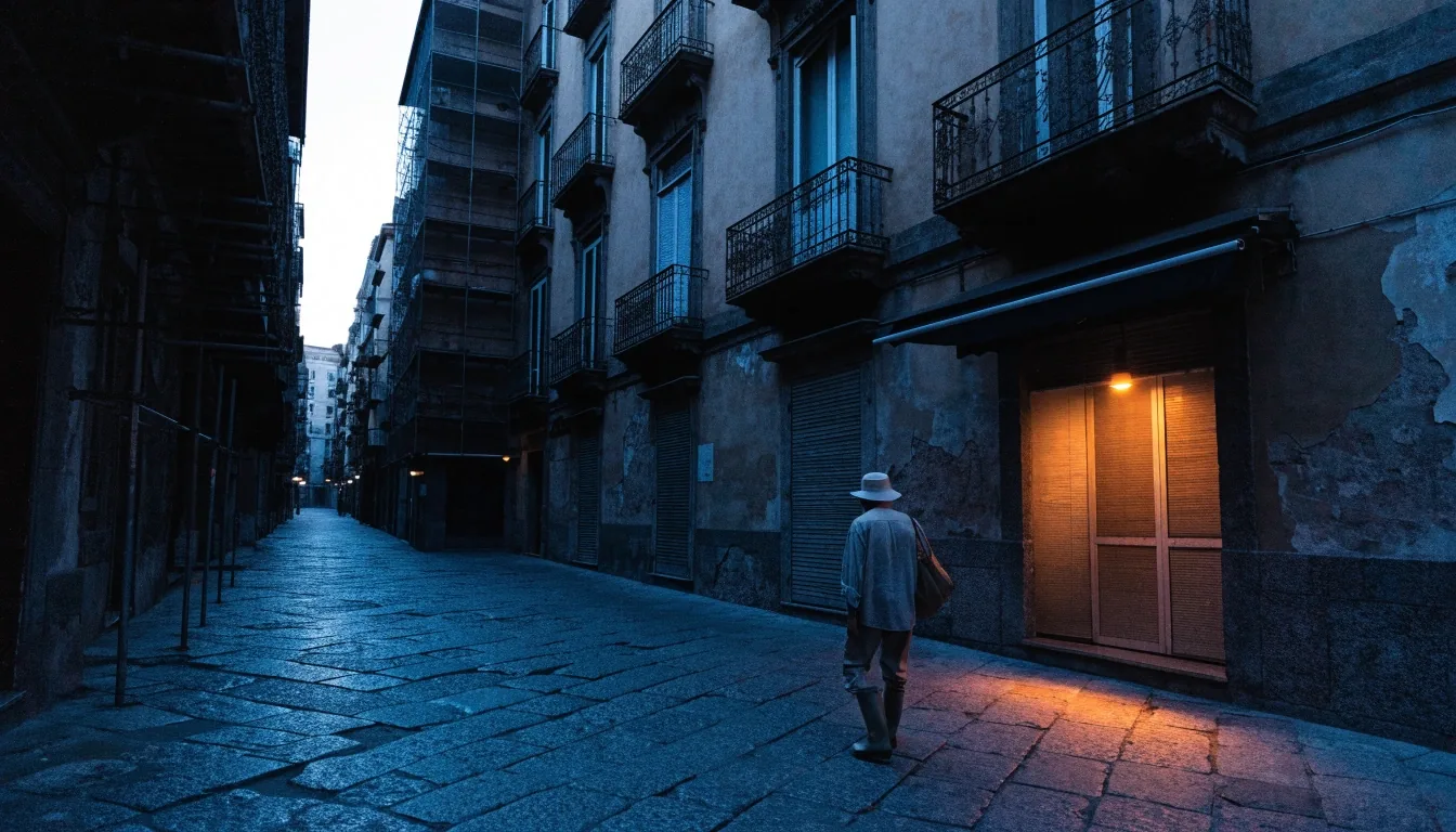 Strada commerciale di Napoli al crepuscolo, balconi ponteggiati e una luce calda di negozio